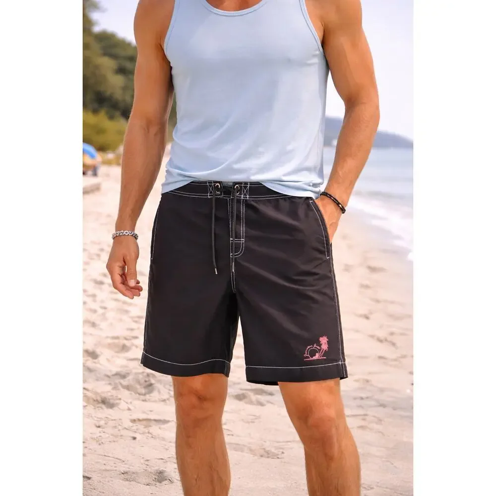 Jamaica Jaxx Black Board Shorts | Size L | Beach Swim Trunks Blue Stitch